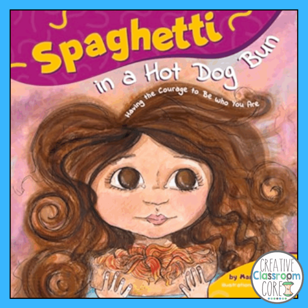 Book cover of "Spaghetti in a Hot Dog Bun," a charming picture book featuring an illustrated girl holding a hot dog bun filled with spaghetti, with the tagline "Having the Courage to Be Who You Are"—perfect for back to school.