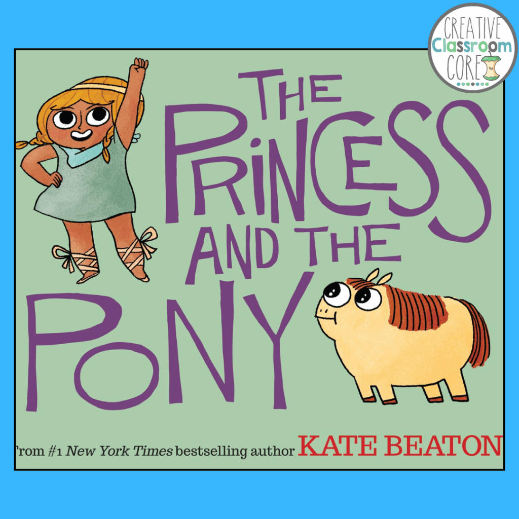 Book cover for "The Princess and the Pony" by Kate Beaton, a delightful picture book featuring an illustrated girl in a dress and a small, round pony on a light green background—perfect for back to school reading.
