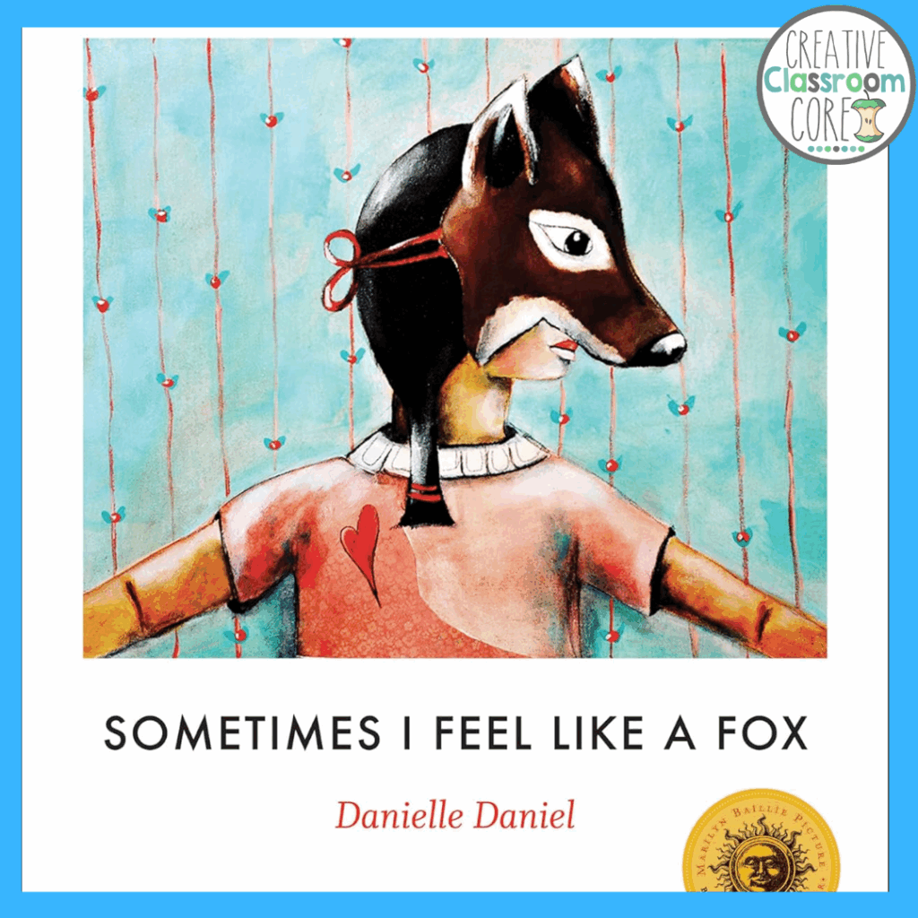 Illustration of a child wearing a fox mask, arms outstretched, against a blue background with red dots. This captivating picture book features the text: "Sometimes I Feel Like a Fox" by Danielle Daniel.