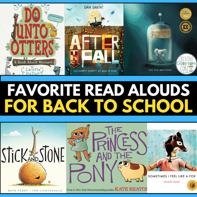 A collage of six picture book covers with the text "Favorite Read Alouds for Back to School" in bold letters across the center.