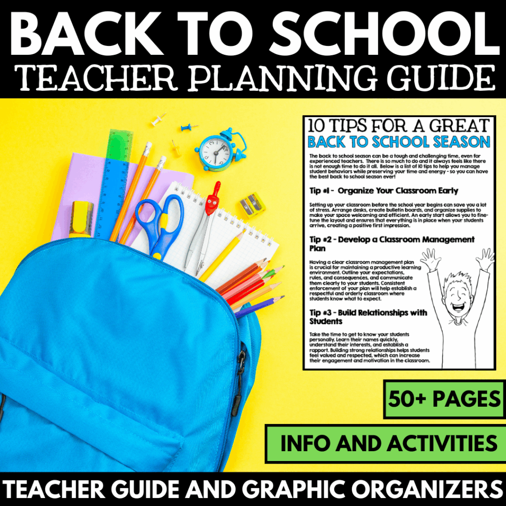A blue backpack with school supplies, a notepad titled "10 tips for a great back to school season," and text highlighting a teacher guide, graphic organizers, and top picture books for your classroom.