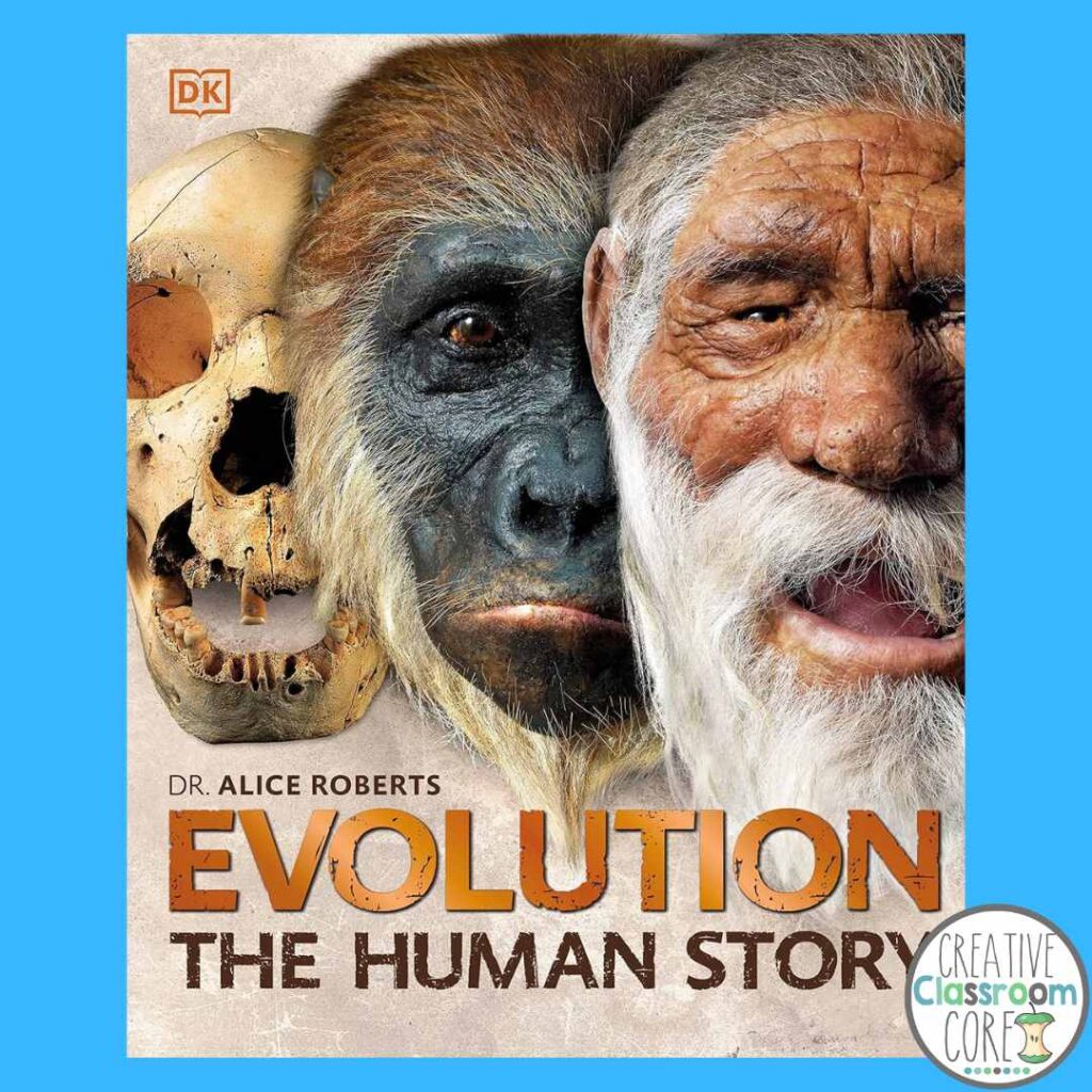 Book cover showing three faces: a human skull, an early human ancestor, and a modern human. Perfect for Early Humans lesson plans. Title reads "Evolution: The Human Story" by Dr. Alice Roberts.