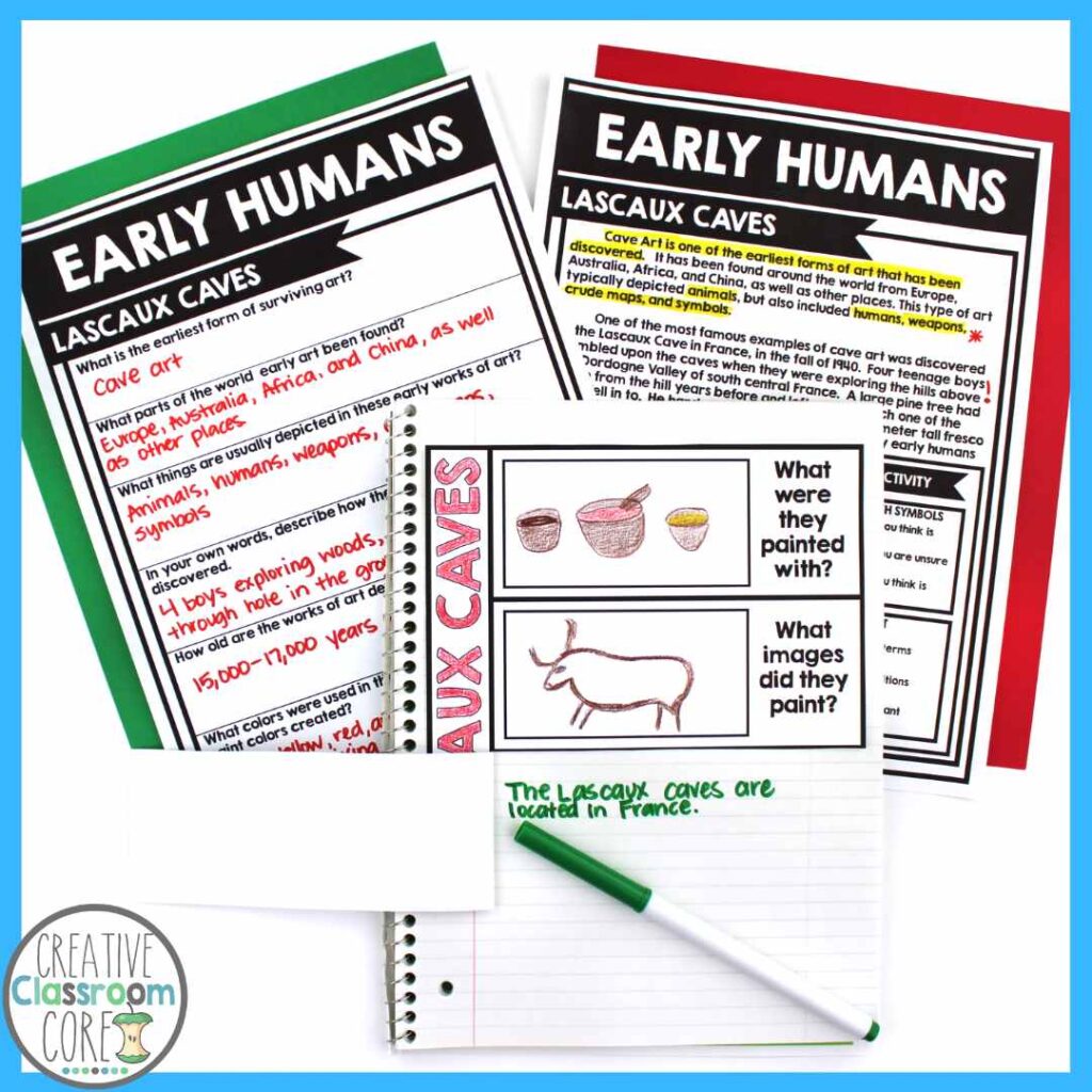 Two "Early Humans" worksheets and a notebook page about Lascaux Caves with a drawing of prehistoric art, a green marker, and a "Creative Classroom Core" logo—perfect for supplementing your Early Humans lesson plans.