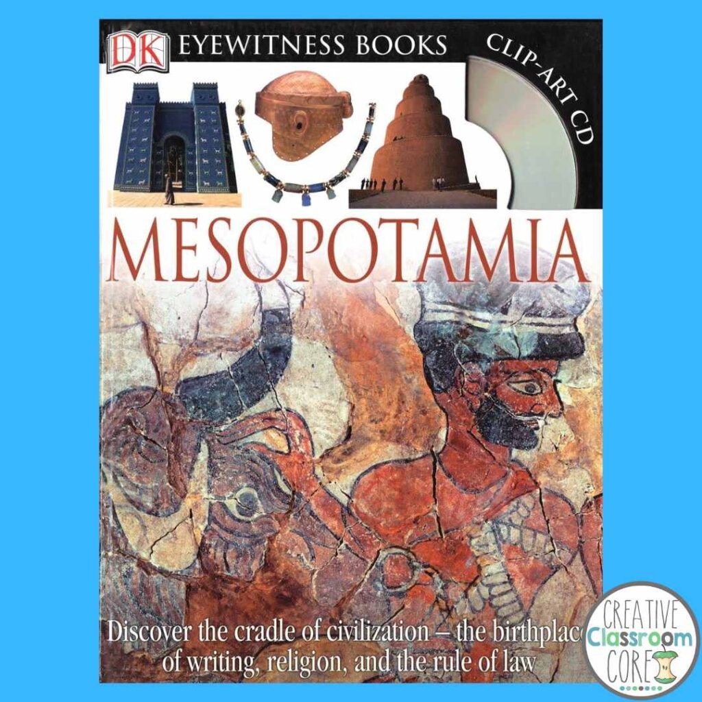 Cover of DK Eyewitness Books titled "Mesopotamia," featuring ancient artifacts, ziggurat, wall reliefs, and text describing it as the birthplace of writing, religion, and law—an essential resource for exploring ancient history.