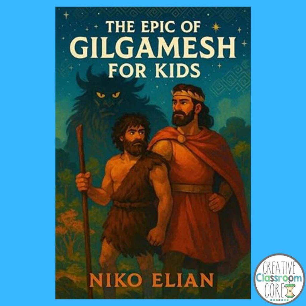 Book cover of "The Epic of Gilgamesh for Kids" by Niko Elian, featuring two men in ancient Mesopotamia attire with a shadowy creature in the background, perfect for introducing children to ancient history.