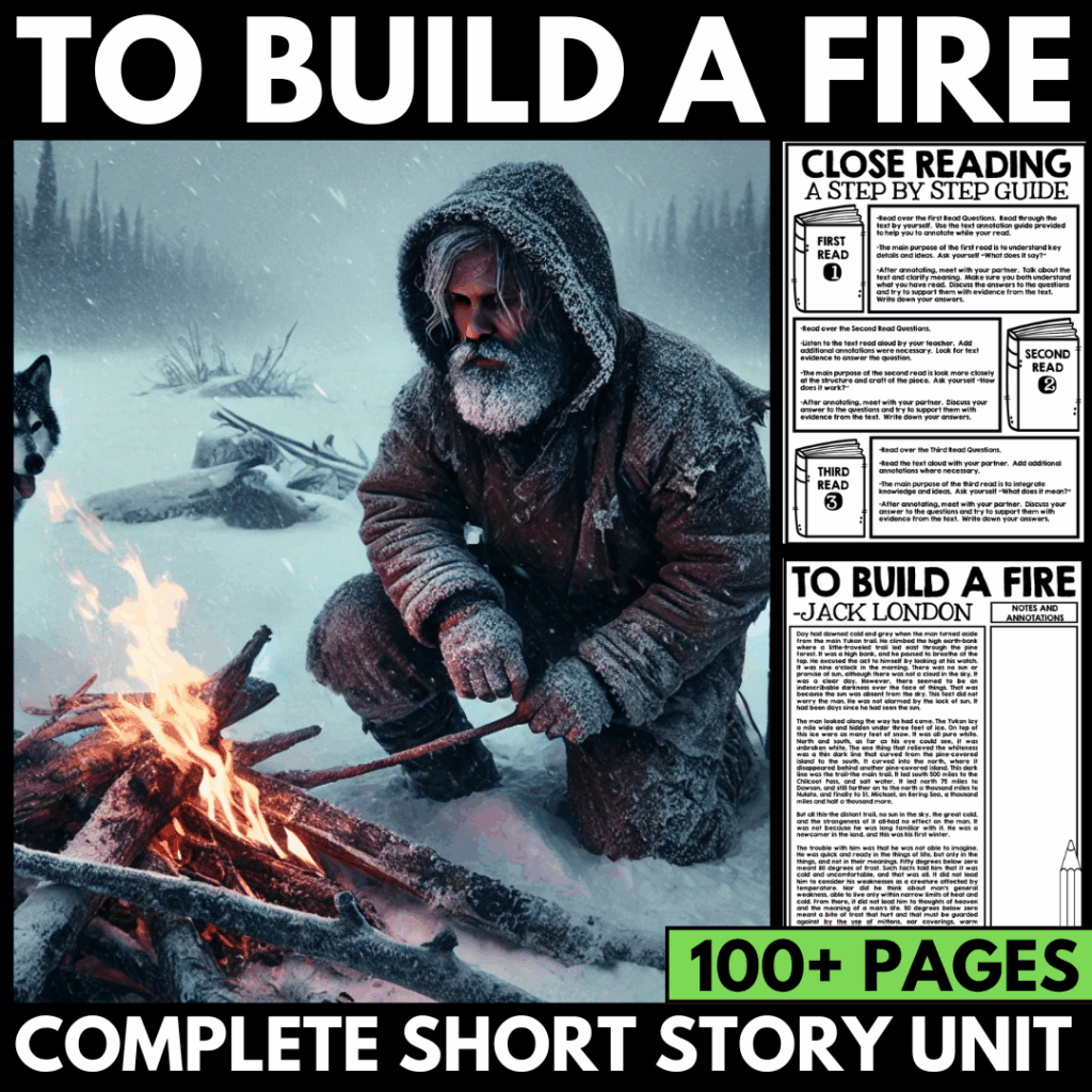 A man in winter clothing kneels by a campfire in a snowy landscape; text promotes a 100+ page holiday short stories unit for "To Build a Fire" by Jack London, featuring reading guides ideal for middle school.