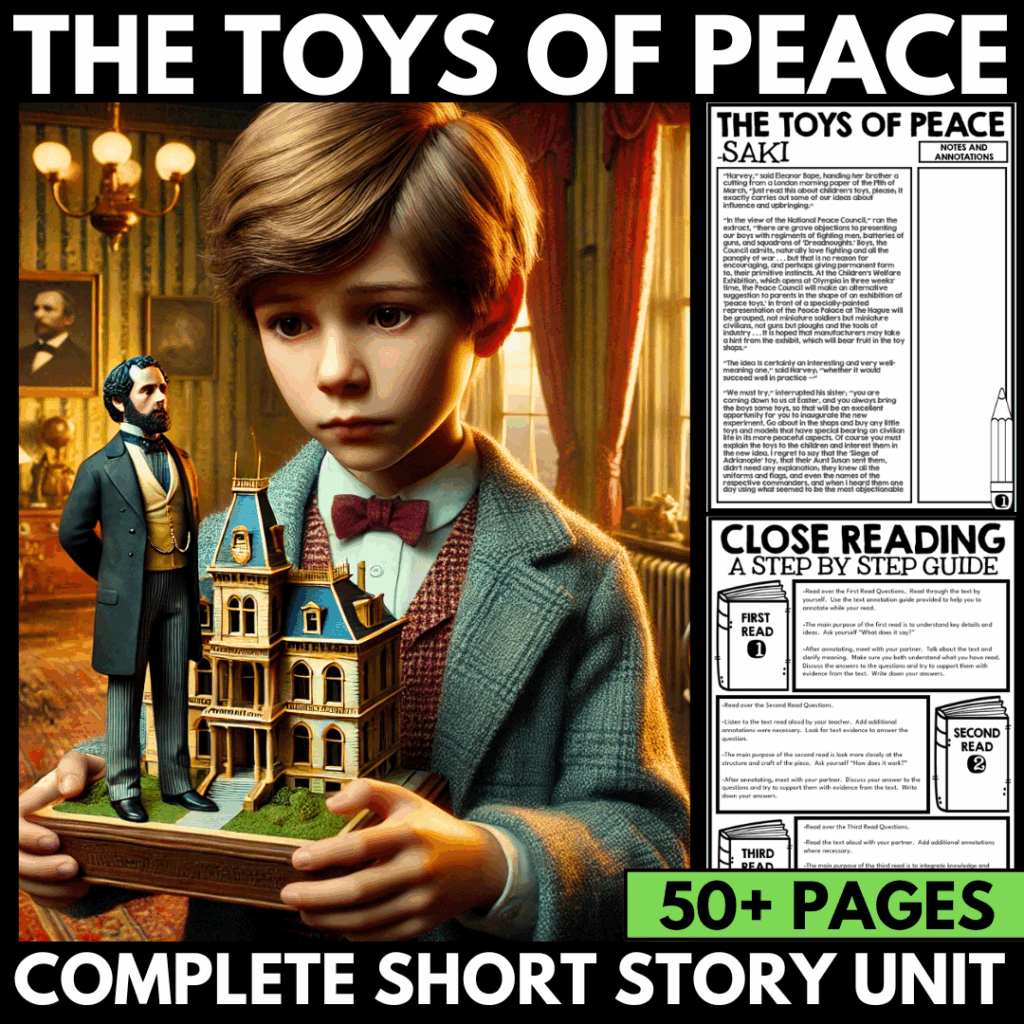 A young boy holds a detailed model of a Victorian house; behind him are vintage furnishings and framed portraits. Text promotes a "Toys of Peace" Holiday short stories unit for middle school with over 50 pages.