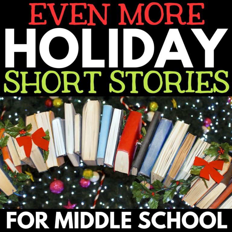 A festive display of books decorated with bows showcases the text “Even More Holiday Short Stories for Middle School” above and below the image, perfect for sharing holiday short stories with middle school readers.