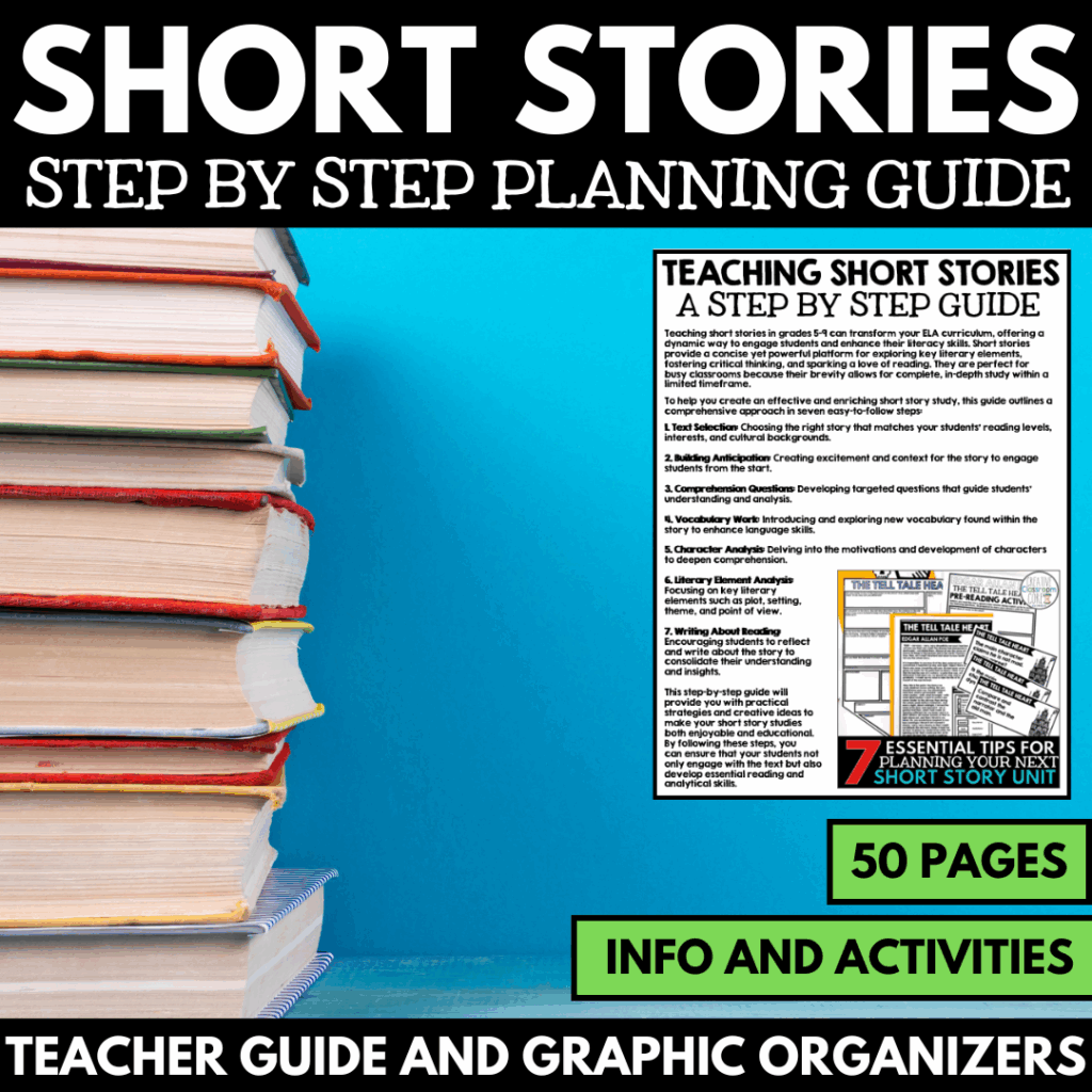 A stack of books next to a teaching guide titled "Holiday Short Stories Step by Step Planning Guide," featuring 50 pages of info, activities, teacher guide, and graphic organizers.