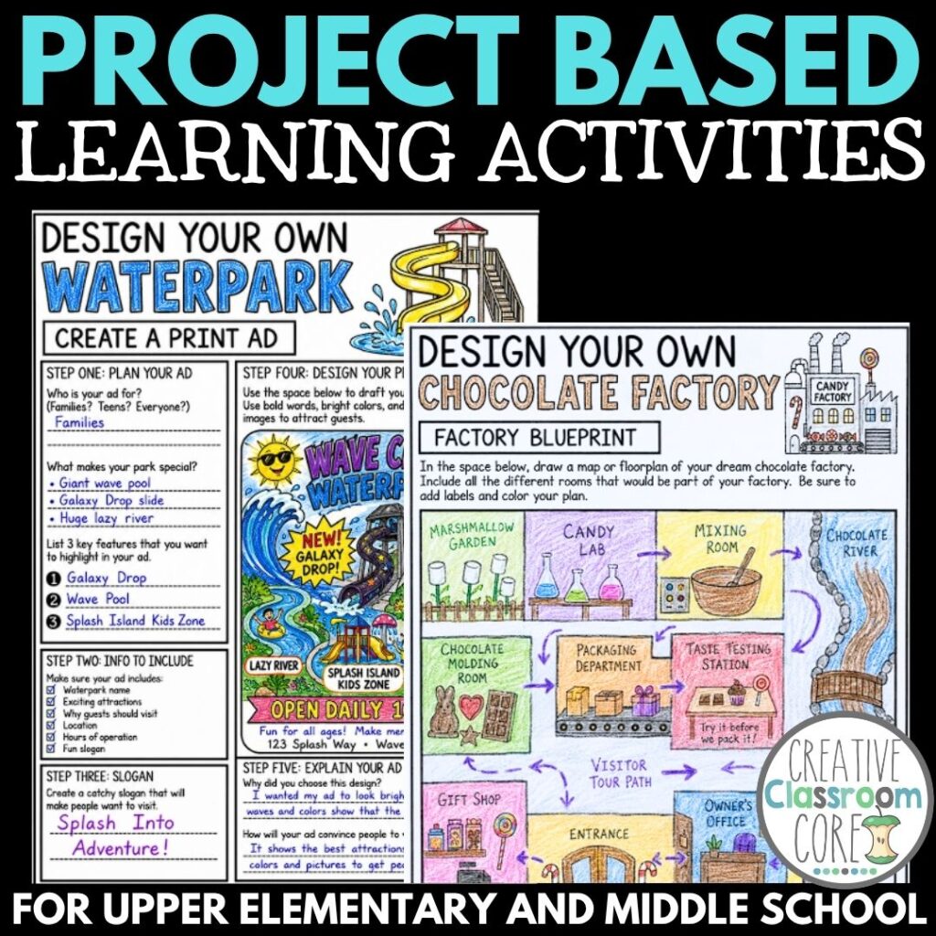 Two illustrated Project Based Learning Activities: design a waterpark print ad and create a chocolate factory blueprint. Perfect for upper elementary and middle school students exploring project-based learning.