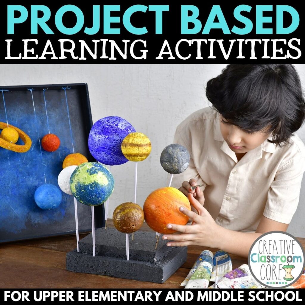 A student assembles a model of the solar system using painted styrofoam balls on sticks, with paints and brushes on the table. The scene highlights engaging Project Based Learning activities for curious minds.